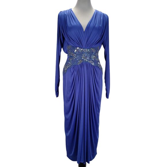 Vintage 80s Tadashi Blue Disco Goddess Dress Size 4 Draped Midi Sequins Stretch